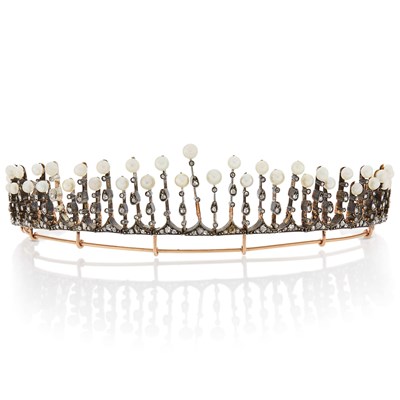 Lot 1066 - Silver, Rose Gold, Pearl and Diamond Tiara
