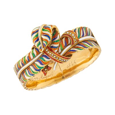 Lot 1074 - Antique Gold, Multicolored Enamel and Split Pearl Leaf Bangle Bracelet