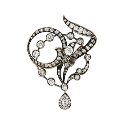 Lot 1065 - Antique Silver, Gold and Diamond Ribbon Brooch