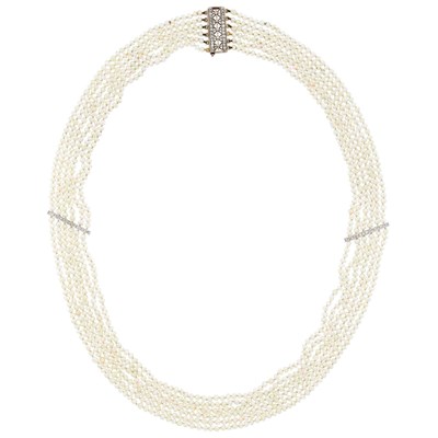 Lot 1068 - Six Strand Pearl, Platinum, Gold and Diamond Necklace