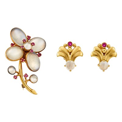 Lot 2071 - Retro Gold, Moonstone and Ruby Flower Brooch and Tiffany & Co. Pair of Earclips