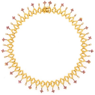 Lot 2077 - Gold, Ruby and Moonstone Fringe Necklace
