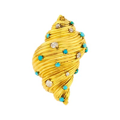 Lot 41 - Tiffany & Co. Gold, Turquoise and Diamond Sea Shell Clip-Brooch, France