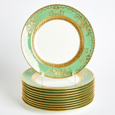 Lot 612 - Eleven Mintons Porcelain Apple-Green Ground Gilt-Decorated Salad Plates