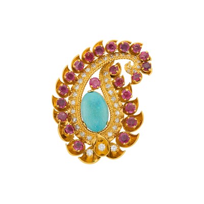 Lot 2095 - Gold, Turquoise, Ruby and Diamond Paisley Clip-Brooch