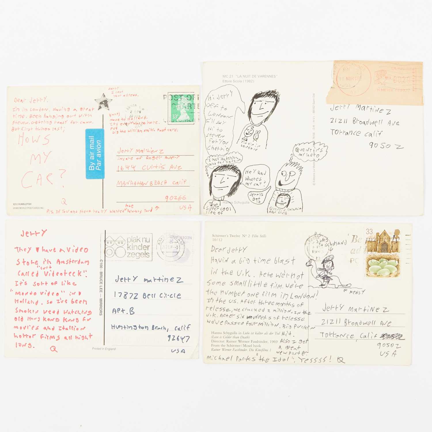 Lot 2 - An excellent series of postcards sent from Quentin Tarantino during the writing of Pulp Fiction