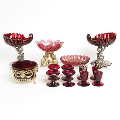 Lot 562 - Group of Ruby Glass Metal Mounted Table Articles
