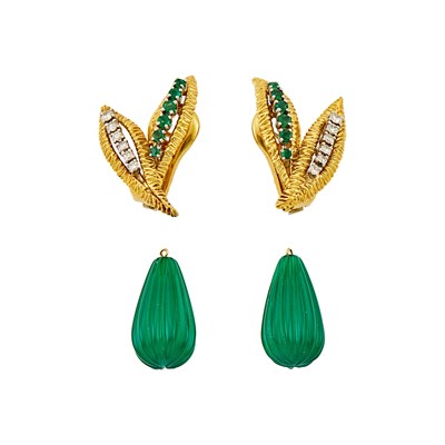 Lot 2076 - Pair of Gold, Emerald and Diamond Earclips with Fluted Green Onyx Drops