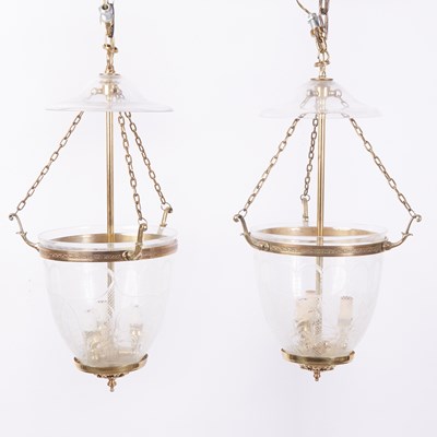 Lot 565 - Pair of Brass and Etched Glass Hall Lanterns