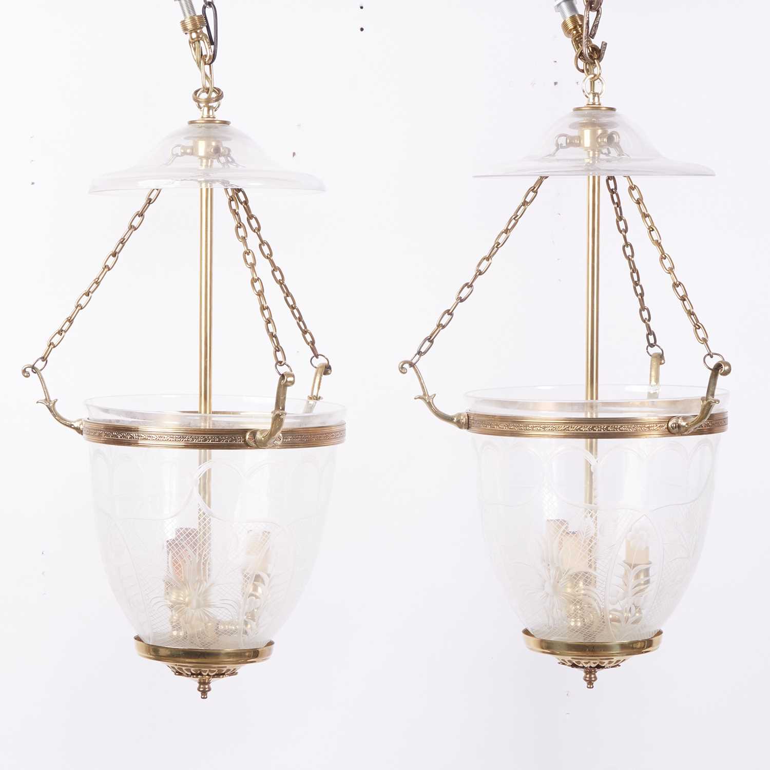 Lot 566 - Pair of Brass and Etched Glass Hall Lanterns