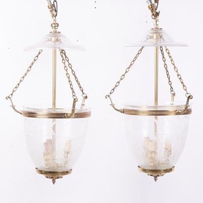 Lot 566 - Pair of Brass and Etched Glass Hall Lanterns