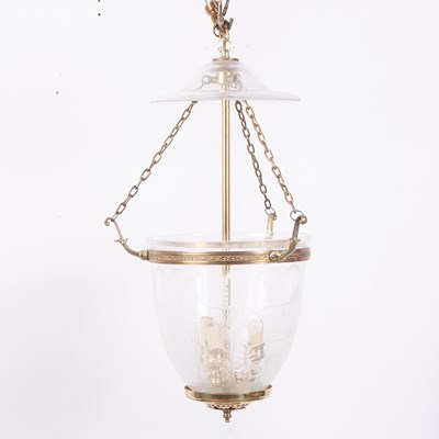 Lot 566 - Pair of Brass and Etched Glass Hall Lanterns