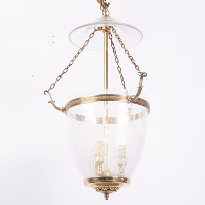 Lot 566 - Pair of Brass and Etched Glass Hall Lanterns