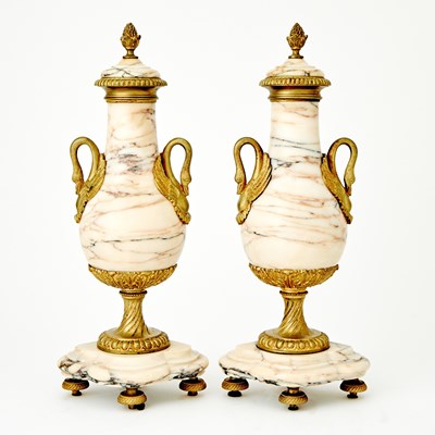 Lot 584 - Pair of French Empire Style Bronze-Mounted Marble Covered Garniture Vases With Swan Handles