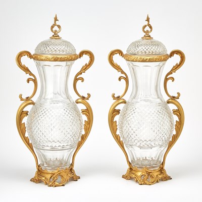 Lot 595 - Pair of Baccarat Style Ormolu Mounted Glass Two-Handled Vases With Covers