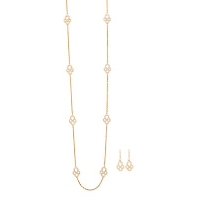 Lot 1032 - Long Rose Gold and Diamond Chain Necklace and Pair of Pendant-Earrings