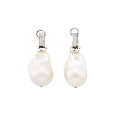 Lot 2286 - Pair of Platinum, Baroque Freshwater Pearl and Diamond Pendant-Earrings