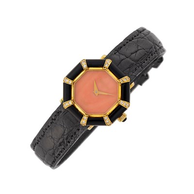 Lot 1002 - DeLaneau Gold, Coral, Black Onyx and Diamond Wristwatch