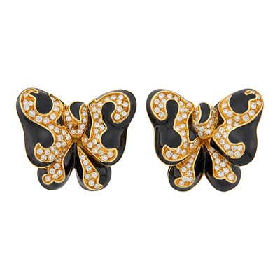 Lot 1036 - Pair of Gold, Black Enamel and Diamond Bow Earclips