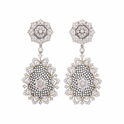 Lot 1063 - Pair of Blackened and White Gold and Diamond Pendant-Earrings