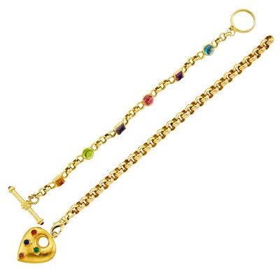Lot 1011 - Two Gold and Gem-Set Chain Link Bracelets