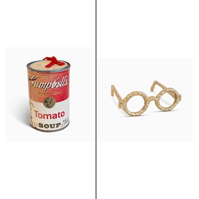 Lot 1007 - Andy Warhol Campbell's Soup Can Place Card Holder and Brass Eyeglass Sculpture