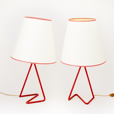 Lot 175 - Pair of Jean Royere Style Red Painted Metal "Flic Flac" Lamps