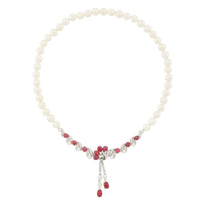 Lot 1176 - Marsh Platinum, Cultured Pearl, Cabochon Ruby and Diamond Necklace