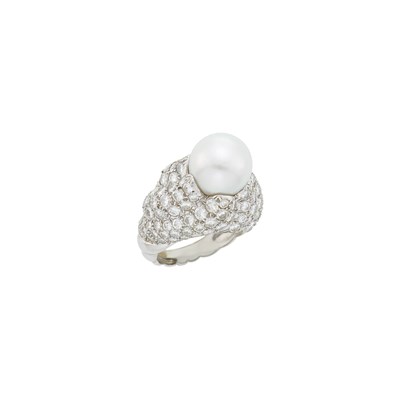 Lot 223 - David Webb Platinum, Cultured Pearl and Diamond Dome Ring
