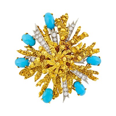 Lot 196 - Andrew Grima for Haller Jewellery Company Two-Color Gold, Turquoise and Diamond Pendant-Brooch