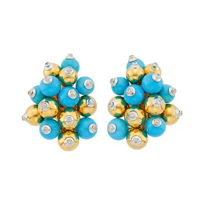 Lot 1006 - Pair of Two-Color Gold, Turquoise Composite Bead and Diamond Cluster Earclips