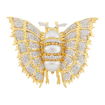 Lot 1039 - Two-Color Gold, Baroque South Sea Cultured Pearl and Diamond Moth Pendant Clip-Brooch