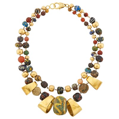 Lot 2074 - Double Strand Gold, Venetian Glass and Agate Bead Necklace