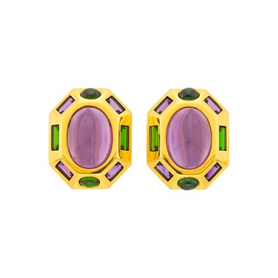 Lot 91 - Verdura Pair of Gold, Cabochon Amethyst and Gem-Set 'Byzantine' Earclips