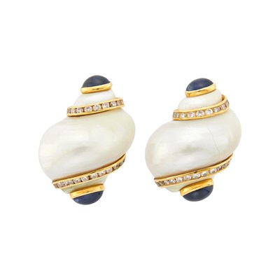 Lot 1105 - Seaman Schepps Pair of Gold, Shell, Cabochon Sapphire and Diamond 'Turbo Shell' Earclips