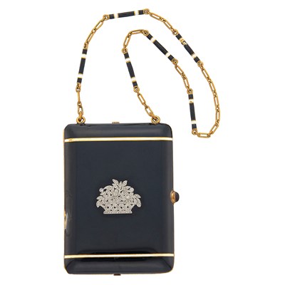 Lot 1057 - Tiffany & Co. Gold, Platinum, Black Enamel and Diamond Compact with Gold and Enamel Carrying Chain