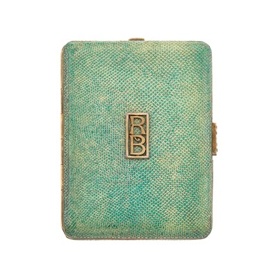 Lot 1141 - Gold, Metal, Turquoise Leather and Synthetic Sapphire Compact