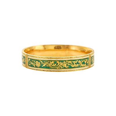 Lot 1109 - Antique Gold, Green and White Enamel Bangle Bracelet, France