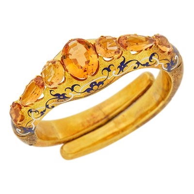 Lot 66 - Antique Gold, Topaz, and Blue and White Enamel Bangle Bracelet