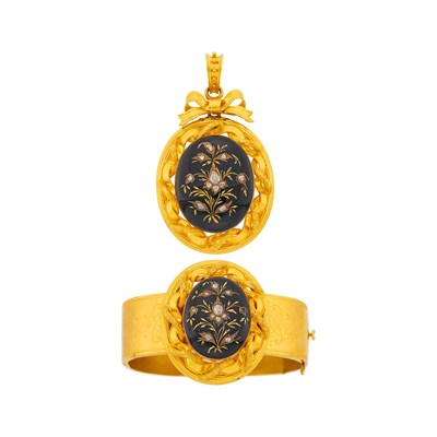 Lot 1069 - Antique Gold, Silver, Black Enamel and Diamond Bangle Bracelet and Pendant