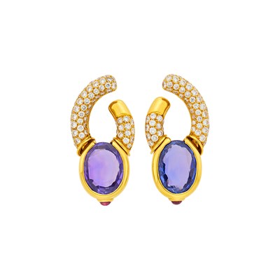 Lot 88 - Bulgari Pair of Gold, Bicolor Sapphire and Diamond Earclips