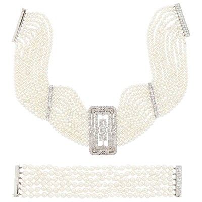 Lot 1047 - Ten Strand Cultured Pearl, Platinum, White Gold, Frosted Rock Crystal and Diamond Choker Necklace and Six Strand Semi-Baroque Cultured Pearl Bracelet