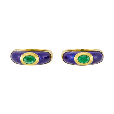 Lot 2004 - Pair of Gold, Enamel and Cabochon Colored Stone Rings