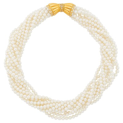 Lot 1012 - Ten Strand Cultured Pearl Torsade Necklace with Gold and Diamond Bow Clasp