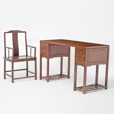 Lot 184 - Chinese Hardwood Pedestal Desk and Armchair