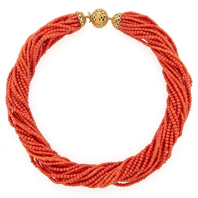 Lot 2005 - Multistrand Coral Bead Torsade Necklace with Gold Clasp