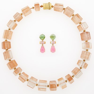 Lot 2042 - Peach Quartz Bead Necklace with Gold Clasp and Pair of Multicolored Tourmaline Pendant-Earrings
