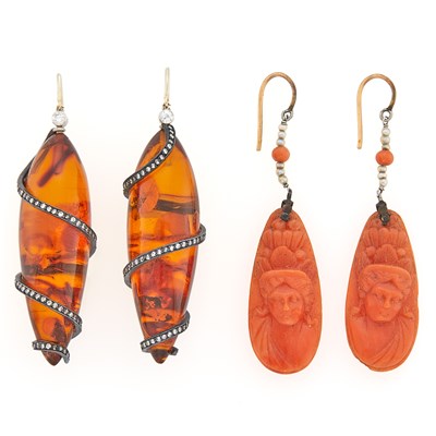 Lot 2027 - Pair of Antique Gold, Silver, Carved Coral and Seed Pendant-Earrings and Attributed to Tanagra Pair of Amber, Silver and Diamond Pendant-Earrings