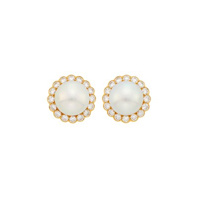 Lot 10 - Van Cleef & Arpels Pair of Gold, South Sea Cultured Pearl and Diamond Earclips, France