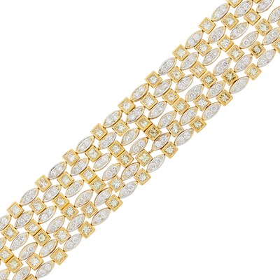 Lot 1035 - Six Strand Two-Color Gold, Colored Diamond and Diamond Bracelet